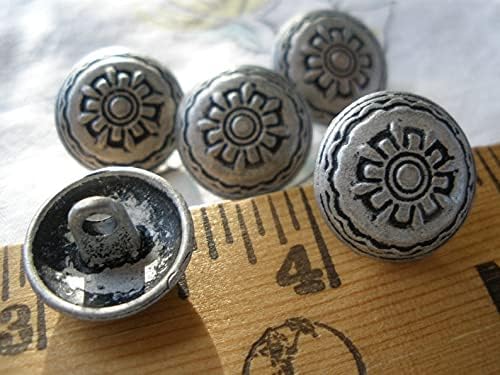 Vintage Pewter Color Flower Metal Dome mKET Shank Buttons Size 24L (5/8" 15MM) Antique Matte Finish Sewing Crafts Cool 9 Pieces