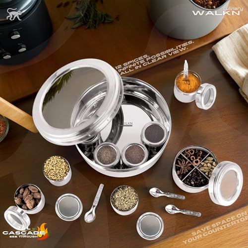 Image of WALKN 12 in 1 See Through Stainless Steel Masala box for Kitchen | Spice Box | Spice Organiser | Masala Daani | Masala Dabba with 9 Containers and Small Spoons | 2.5L