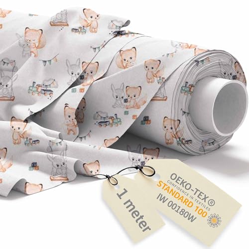 DreamRoots Tecido de algodão a metros, desenhos infantis, tecido a metro para crianças, tecido de costura, artesanato, cortinas, disfarce ou estofamento 160 cm x 1 m