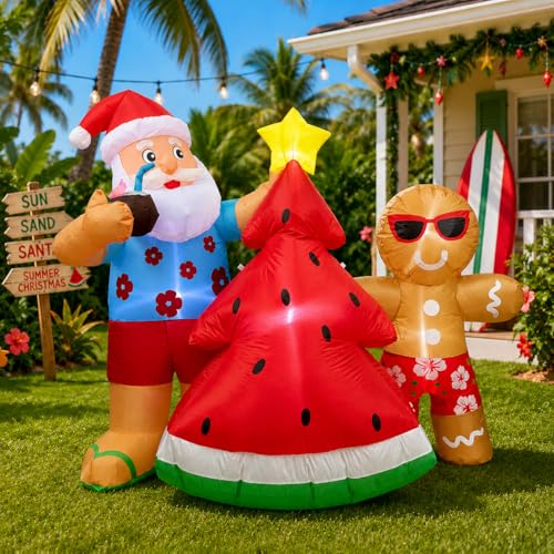 5.7FT Christmas in July Santa Inflatable Outdoor Decoration Hawaiian Santa with Watermelon Tree and Gingerbread Man Pre-Lit Blow Up Christmas Yard Decor with LED Lights for Lawn Garden