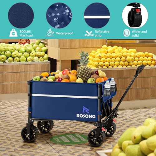 Image of ROSONG Collapsible Wagon Cart with Wheels Foldable - Folding Utility Heavy Duty Wagons Carts for Grocery Sports Garden Shopping Camping Wheelbarrows (120L Dark Blue with Lid)
