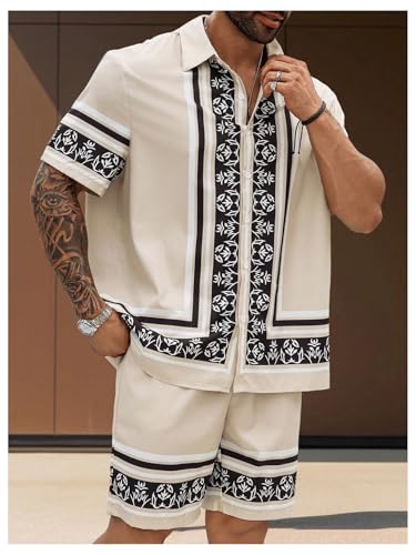 Men's Big and Tall 2 Piece Outfits Short Sleeve Button Up Vintage Shirts and Elastic Waist Beach Shorts3