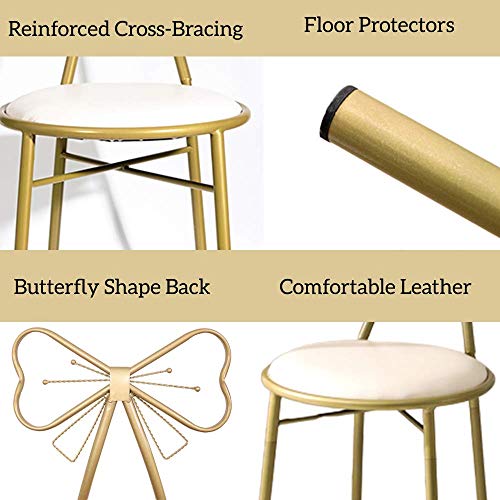 JOYBASE Bow Shaped Vanity Chair, Iron Make Up Leisure Chair, Bedroom Princess Chair, Girls Ladies Creative Makeup Stool with Back Butterfly Bow Tie (White & Yellow Bronze)