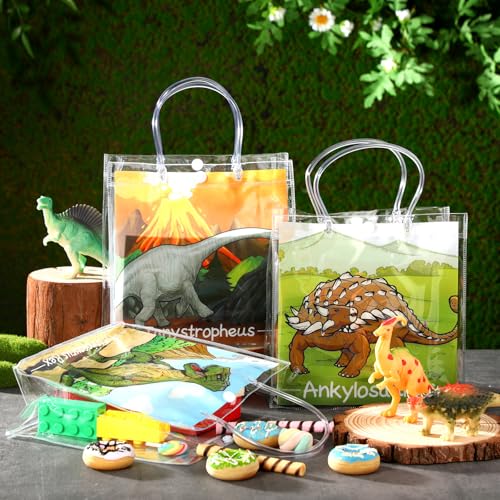 Image of Teenyyou 24 Pcs Dinosaur Clear Gift Bags with Handles Cute Dinosaur Party Favor Candy Snack Treat Bags for Birthday Baby Shower Dino Theme Party Supplies