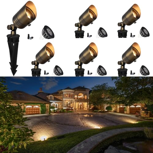 COLOER Brass Outdoor Spotlights, 12V LED Low Voltage Landscape Lighting with 5W 2700K Aluminum MR16 Bulb, IP65 Waterproof Landscape Spot Lights for Yard,Garden,Lawn,Tree, Small Size(6)