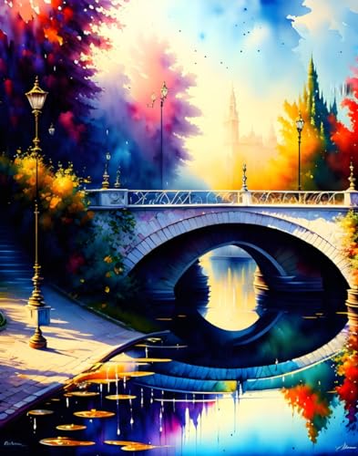 Affiches sur toile décoration murale baroque aquarelle paysage pont lac grand format 58x90