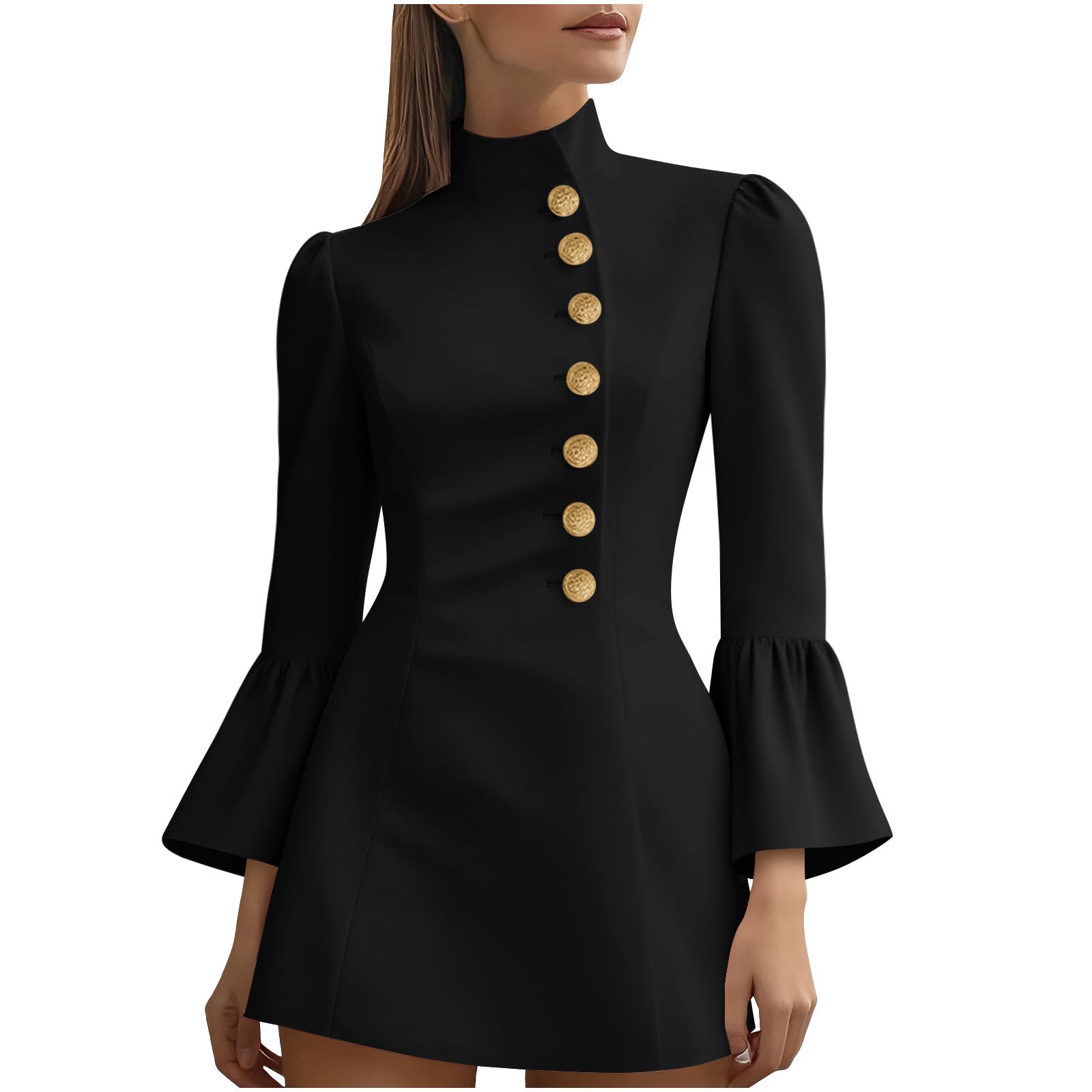 Womens Button Down Mini Dress Stand Neck Flare Long Sleeve Dress Fall Solid Color Business Office Dresses for