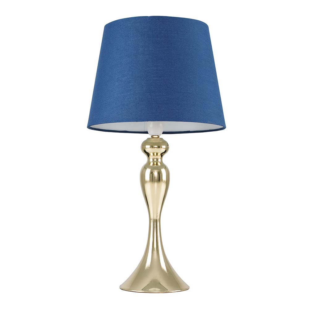 Modern Polished Gold Spindle Design Table Lamp with a Blue Tapered Light Shade - Complete with a 6w LED GLS Bulb [3000K Warm White]