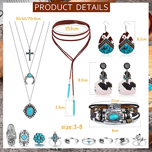 Helicopchain Western Jewelry For Women Bohemian Turquoise Jewelry Set Turquoise Pendant Choker Necklaces Western Cowgirl Cowboy Earrings Turquoise Faux Leather Layered Bracelets Turquoise Joint Knuckle Finger Rings #TOP1