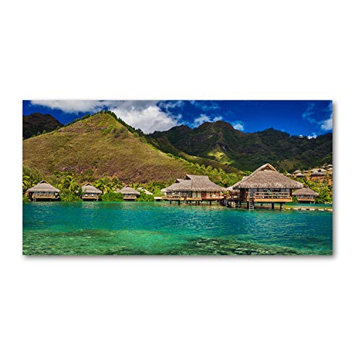 Paysage de bungalows sur l'eau : art mural Tulup sur toile verte 100x50 cm pour s'évader