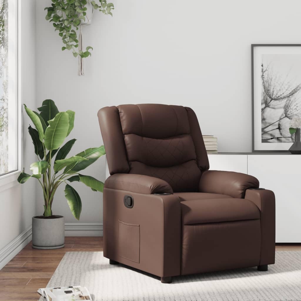 Fotel relaksacyjny brązowy sztuczna skóra, ręcznie regulowany za pomocą uchwytów na kubek, do salonu, sypialni, wygodny fotel TV, nośność 110 kg