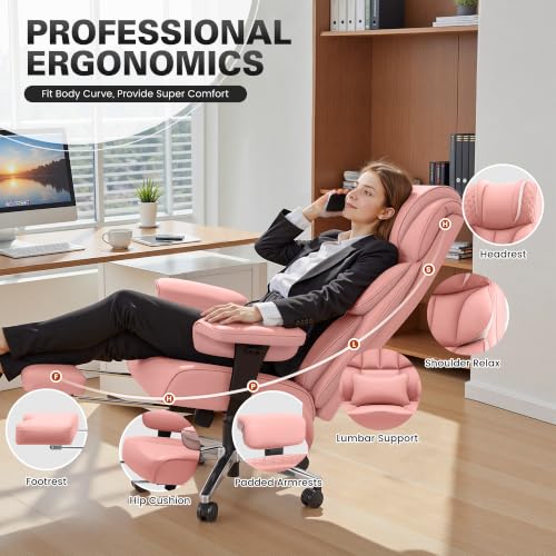 Image of BestGlory Office Desk Chair, Big and Tall Leather Gaming Chair with Footrest, Ergonomic Comfy Executive High-Back Reclining Computer Chairs, Wide Swivel Rolling Wheels and Padded Lumbar Support, Pink
