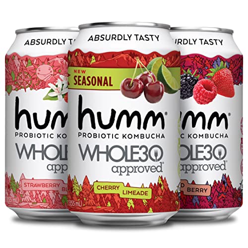 Humm Whole30 Approved Kombucha Seasonal Variety Pack - Strawberry Blossom, Cherry Limeade, Mixed Berry - Organic, Vegan & GMO-Free (12 Pack)