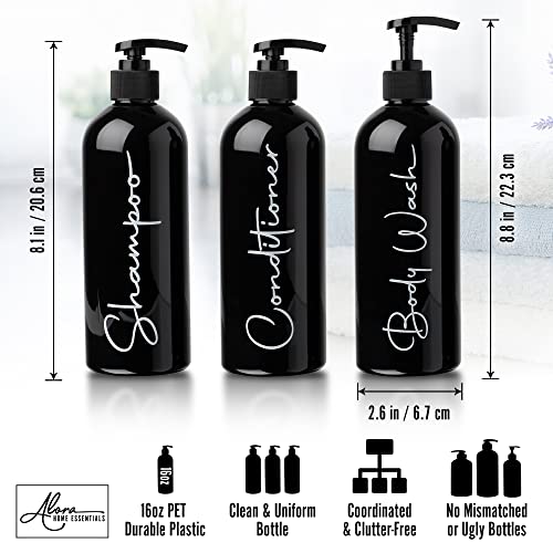 Image of Alora Reusable Shampoo and Conditioner Bottles - Set of 3 - Matte Black - Permanent Stylish Labels - 16oz Pump Bottle Dispenser for Shampoo, Conditioner, Body Wash - Plastic Refillable Containers