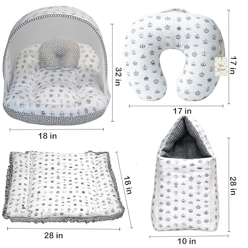 Image of Fareto Combo of Baby Nest | Net with Bed | Carry Bag | 4 Pcs Bedding Set(0-6 Months) (Fullset Nest) (Crown G)