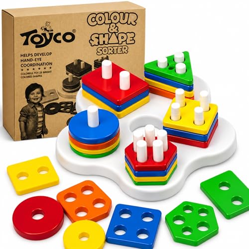 Image of TOYCO Shape Sorter Toy for Toddlers 1-3 Years, 25 Pieces Learning & Stacking Toy, Educational Montessori Toy with 5 Shapes & 5 Colors, Shape Sorting Game, Fine Motor Skill Toy for Boys & Girls