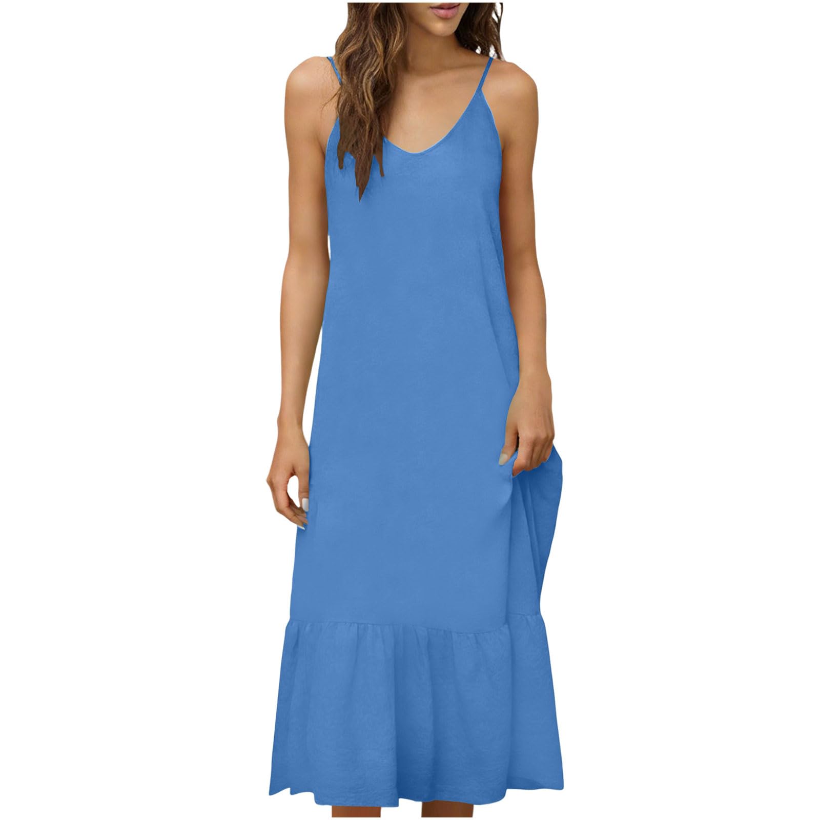 Aopir Women's Spaghetti Strap Backless Maxi Solid Color Dress Elegant Long Dress for Prom Evening Event