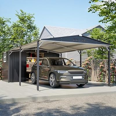 12 x 23 FT Metal Carport with Side Storage, Outdoor Heavy Duty Garage Car Shelter Shade with Sliding Door, Enclosed Carport with Waterproof Sloped Roof for Car, Truck and Boat