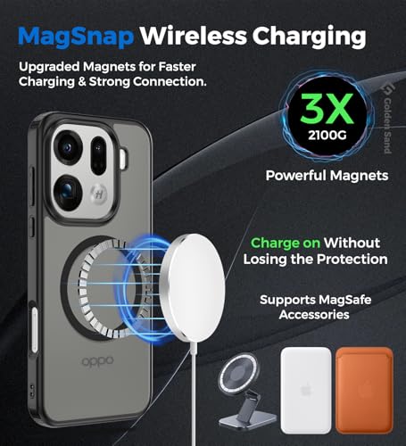 Image of Golden Sand Rugged Frosted MagSnap Back Cover Case for Oppo Find X9 Pro 5G | MagSafe Compatible, Strong Magnets | Semi Transparent PC Shock Proof Slim TPU Case for Oppo Find X9 Pro, Black Charcoal