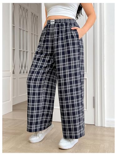 MakeMeChic Women's Plus Size Gingham Plaid Elastic High Waist Wide Leg Pocket Baggy Loose Y2K Trousers Pants Loungewear3