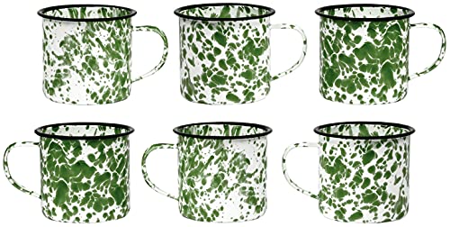Image of Red Co. Set of 6 Enamelware Metal Medium Classic 12 Oz Round Coffee and Tea Mug with Handle, Dark Green Marble/Black Rim – Splatter Design