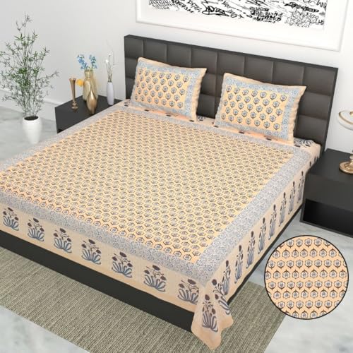 Image of Jaipur Weaves Jaipuri Double Bed Cotton Bedsheet Queen Size 90x85, 120 TC 100% Pure Cotton Bed Sheet with 2 Pillow Covers, Floral Traditional Print (Aqua, Queen)