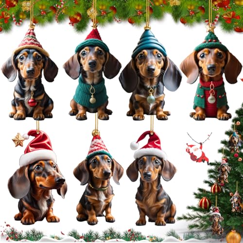 Dackel Weihnachtsbaumschmuck, 7 Stück 2D Dackel Weihnachtsbaum Ornament, Dackels Weihnachtsanhänger aus Acryl, Weihnachtsbaum Anhänger, Weihnachtsbaums Hängende Ornament, Dackels-Hund-Auto-Anhänger