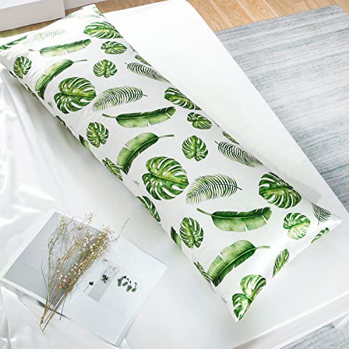 Image of MR&HM Satin Body Pillow Cover, Soft and Breathable Body Pillow Case with Envelope Closure, Cooling and Silky Long Pillowcase for Hair and Skin,Grey (20x54, Leaves)