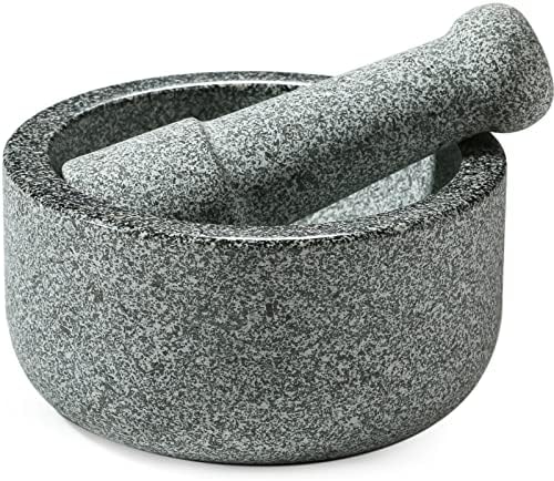Mortar and Pestle Set-6.1 Inch,2 Cup Capacity，Anti-Slip Bottom Heavy Granite,Guacamole Mortar Large