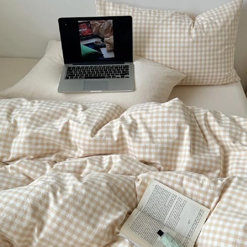 Image of Gingham Duvet Cover Set Queen Size,Beige Gingham Patterned 3Pcs Bedding Set for Kids Adults,Soft Breathable Microfiber Comforter Cover Plaid Design with Zipper Closure and 2 Pillow Shams