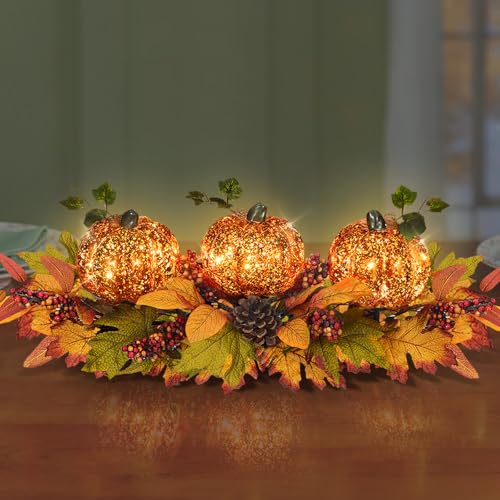Fall Table Centerpiece with 3 Harvest Pumpkins, Lighted with Timer for Thanksgiving Table Decorations Centerpieces, Autumn Home Decor Battery Operated, 28 Inches