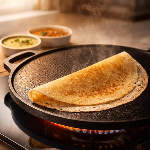 Image of Solimo Cast Iron dosa tawa Pre-Seasoned Cast Iron Dosa Tawa 30 cm | Heavy Roti /Chapati Tawa for Gas & Induction | Chemical-Free, Naturally Non-Stick Pan with Wooden Spatula (2-in-1 Flat & Grill Tawa)