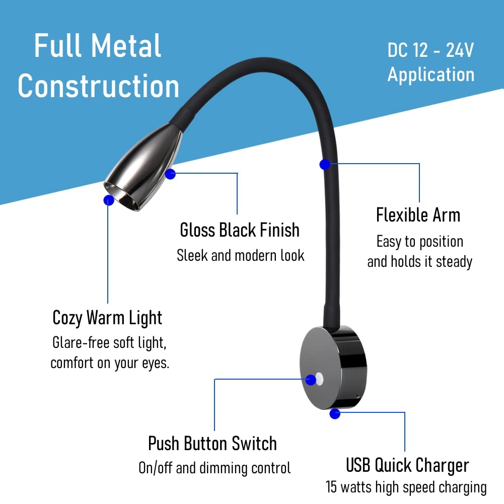 acegoo Lampa do czytania LED 12 V samochód kempingowy z ładowarką USB do łóżka nocnego, elastyczna szyjka łabędzia do ściemniania DC12-24 V do kabiny, ciężarówki, przyczepy kempingowej (czarny połysk)