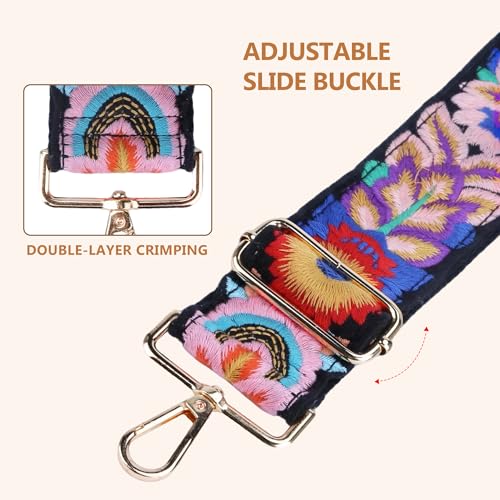 Image of Purse Strap, Adjustable Embroidery Flower 2 Inch Wide Purse Straps Replacement Crossbody for Women