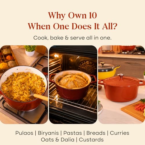Image of CUMIN CO. Cast Iron Dutch Oven 1.2L, 16 cm | Induction Base Cookware | 10 Years Warranty | Non Toxic Non Stick Biryani Pot with Lid | Heavy Bottom | Chemical Free Coating | Free Accessories | Color: Rust