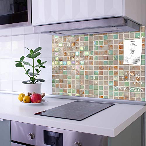 banjado Küchenrückwand Glas ohne Bohren 120x80cm – Glasrückwand Küche mit Motiv Grüne Fliesen/Spritzschutz Küchenrückwand Glas/selbstklebende Küchenrückwand Platte - magnetisch & beschreibbar