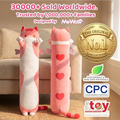 Mewaii Long Cat Plush Body Pillow, Cute Cat Plush Animals Kawaii Soft Plushies, Kitten Plush Pillow Doll Gift for Girls Boys (Pink Cat 36 Inch)