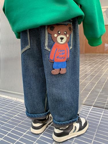 Kids Boys Bear Jeans Fleece Lined Denim Pants, Thick Winter One-Piece Warm Long Jeans for Streetwear4