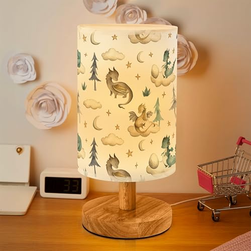 Imvertu Cute Dragon Bedside Table Lamp for Bedroom with USB Port Funny Cozy Kids Nightstand Lamp with Wood Base Polyester Fabric Shade for Living Room Dorm Desk (White)