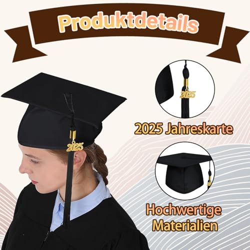 AHEJIOO Doktorhut mit 2025 Quaste - Verstellbarer Abschluss Hut Bachelor Geschenk Graduation Hat in Schwarz