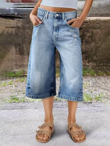 Flamingals Women's Ripped Mid Waist Straight Leg Capri Jeans2