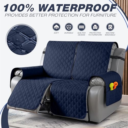 Image of TAOCOCO 100% Waterproof Recliner Covers, Recliner Sofa Covers with Leg Straps, Reversible Recliner Couch Cover for Reclining Chair, Washable Couch Protector for Pets Kids(2 Seater, Dark Blue)