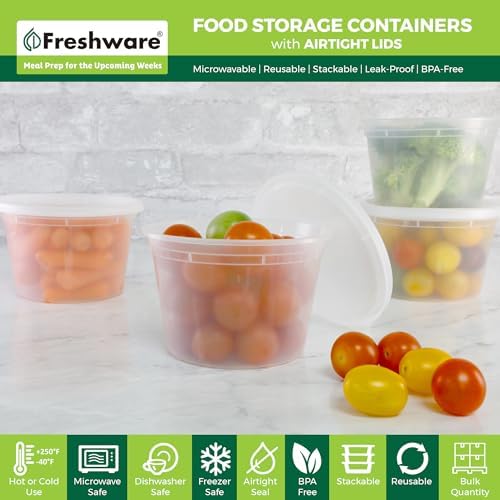 Freshware Food Storage Containers [50 Set] 16 oz Plastic Deli Containers with Lids, Slime, Soup, Meal Prep Containers | BPA Free | Stackable | Leakproof | Microwave/Dishwasher/Freezer Safe - Thumbnail 3