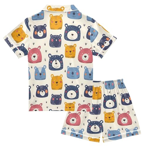 Cartoon Colored Bear Face Summer Satin Pajama Set, Cute Button-Down Sleepwear Pj Set for Sleep Wears2