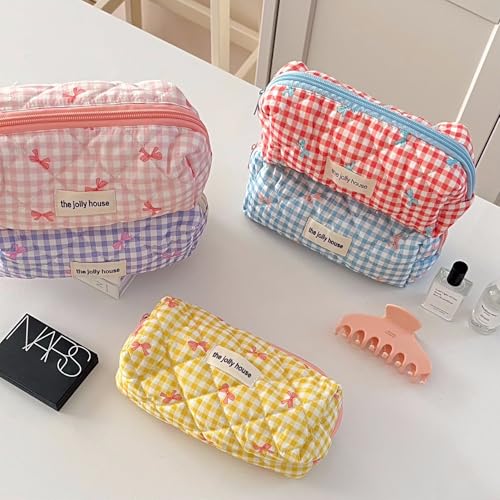 Image of Carry bloom Pencil Pouch Cute Pencil Case for Girls Aesthetic Pencil Bag with Zipper Pen Cases School Supplies Makeup Bag (Checkered bow red)