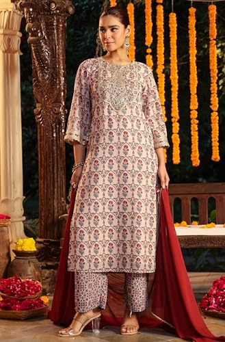 Image of Janasya Women's Georgette Yoke Zari Embroidered Ajarakh Printed Straight Kurta Set