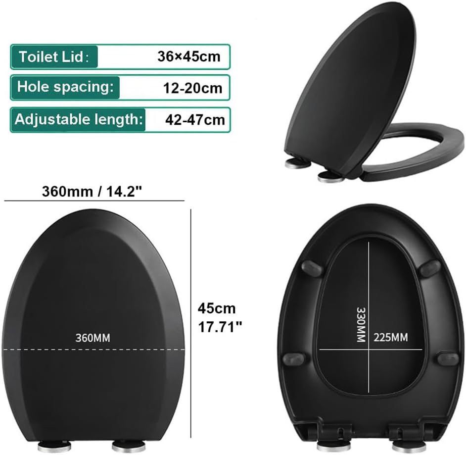 Black Soft Close Toilet Seat, V Shape, Quick Release for Easy Cleaning, Slow Close Mechanism, Adjustable Hinges, Urea-Formaldehyde Lid, Size 37.5 * 45cm