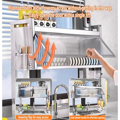 Genérico Escurreplatos de Acero Inoxidable de 2 Niveles con Tapa, Ahorra Espacio sobre el Fregadero, escurridor de Gran Capacidad con Puerta abatible para Platos y Cuencos (95 cm) - Organizador de co