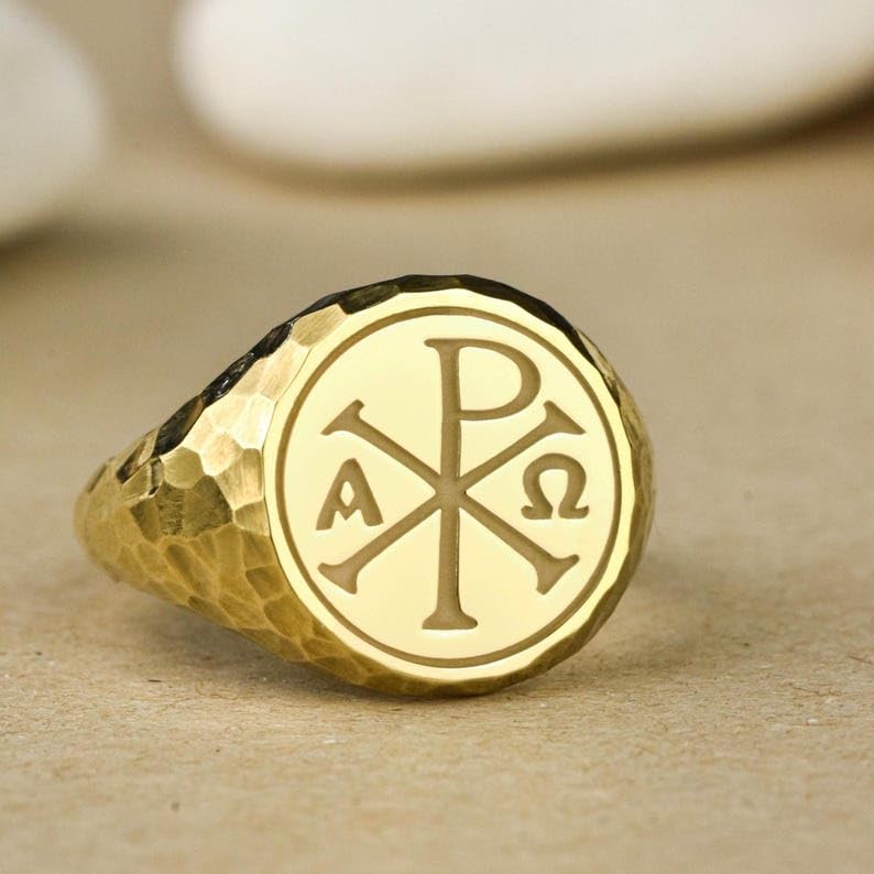 Bague Chi Rho en argent sterling 925 avec finition plaquée or