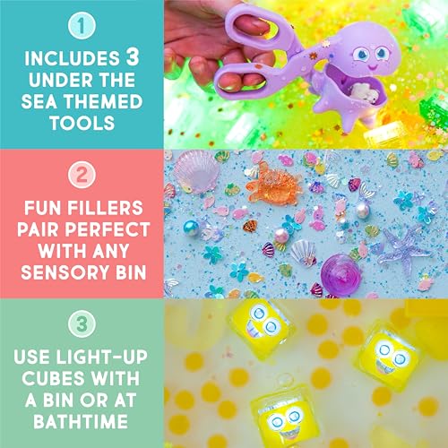 Image of Glo Pals Under The Sea Bundle, Contains 1 Pack Fun Fillers Sensory Play Accessories, 3 Pack Pick-Up Pals Sensory Tools, and 4 Pack Alex Yellow Water-Activated Light-Up Cubes